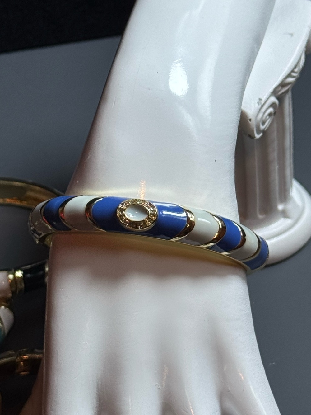 Sequin New York Jeweled Enamel Striped Hinged Bangle Bracelets NWOT Blue
